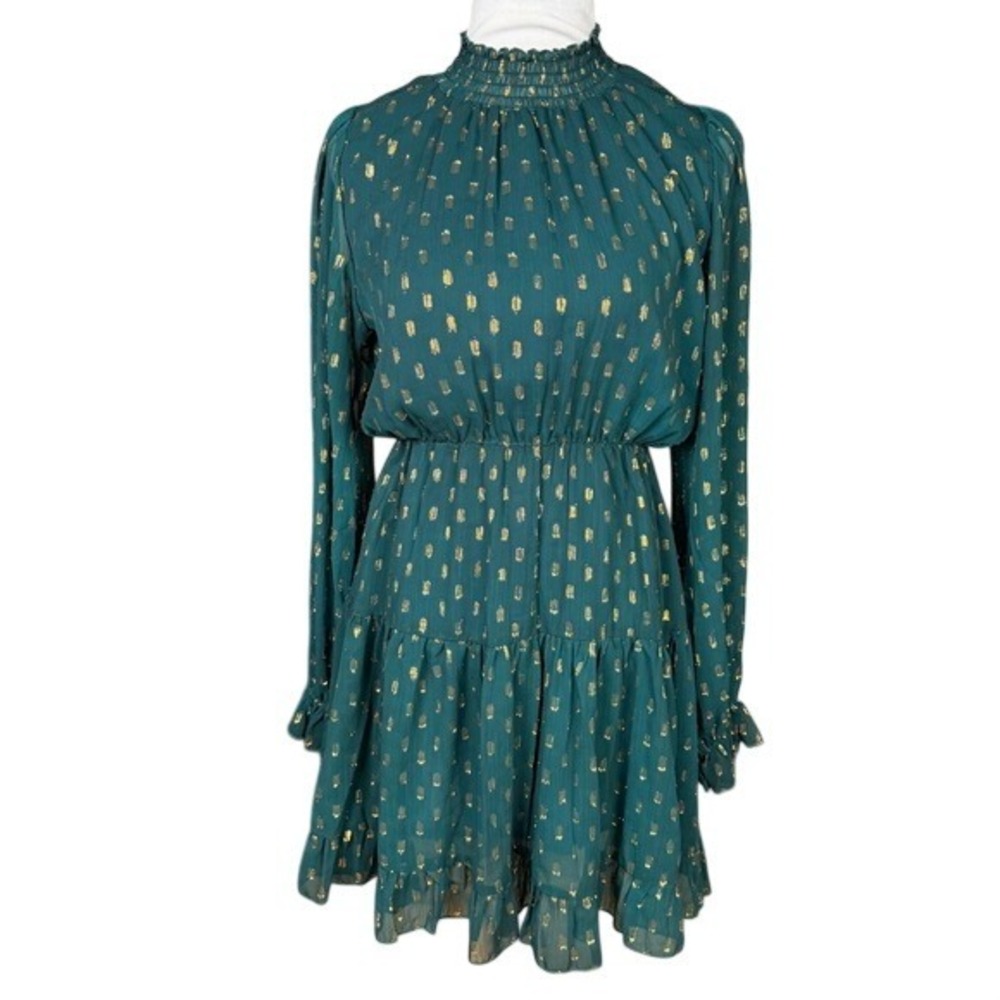 NWT O.P.T Teal Green‎ Gold Metallic Clip Dot Smocked High Neck Mini Dress Medium